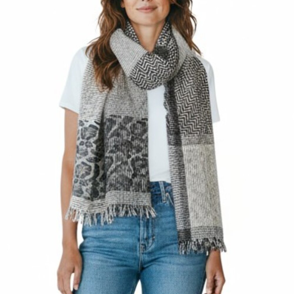 Lauren Liz Black & White Floral Plaid Square Scarf - 33" x 33" - 100% Rayon